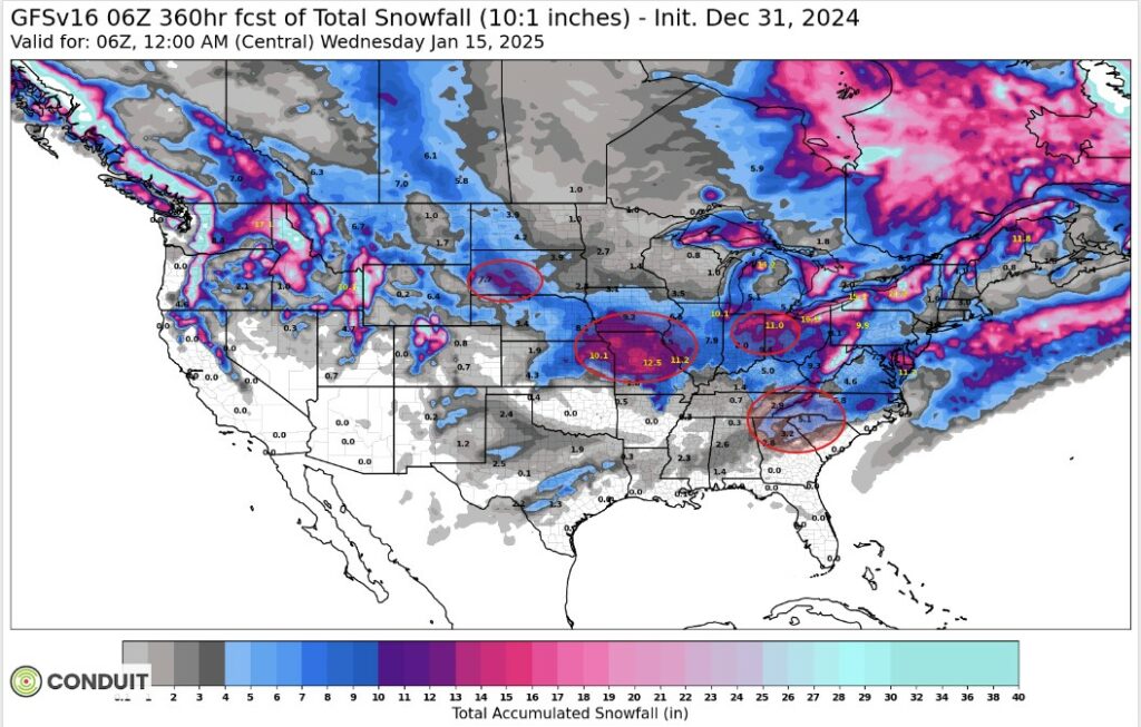 Total Snowfall Map Thru Jan 15