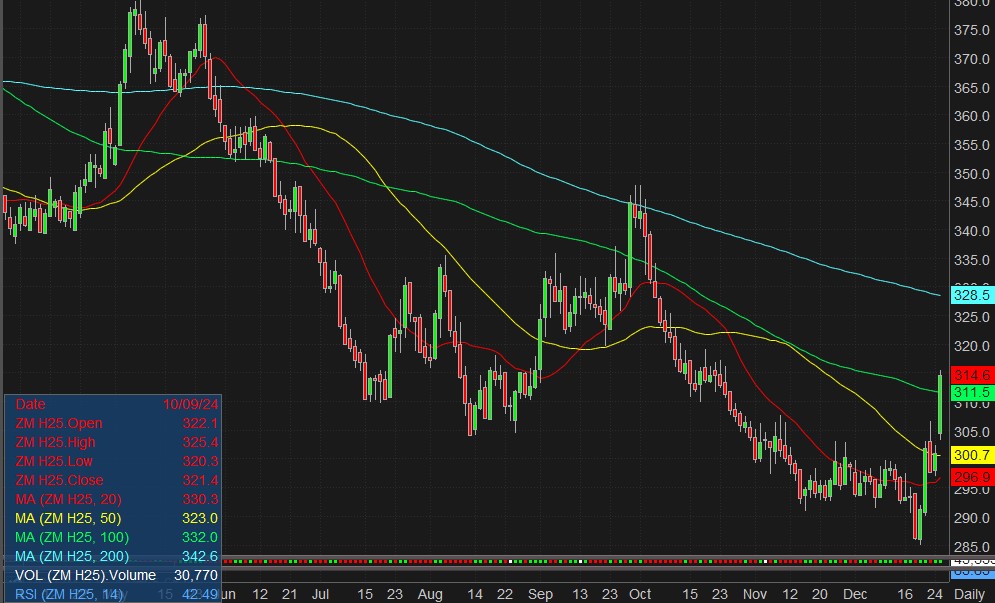 March Soybean Meal chart 12.26.24