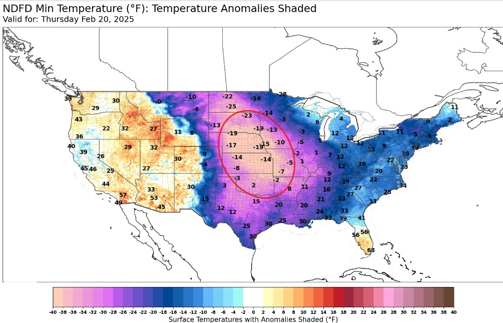 US Temperatures Map 0n 2.18.25