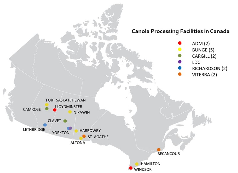Canola processing facilities map